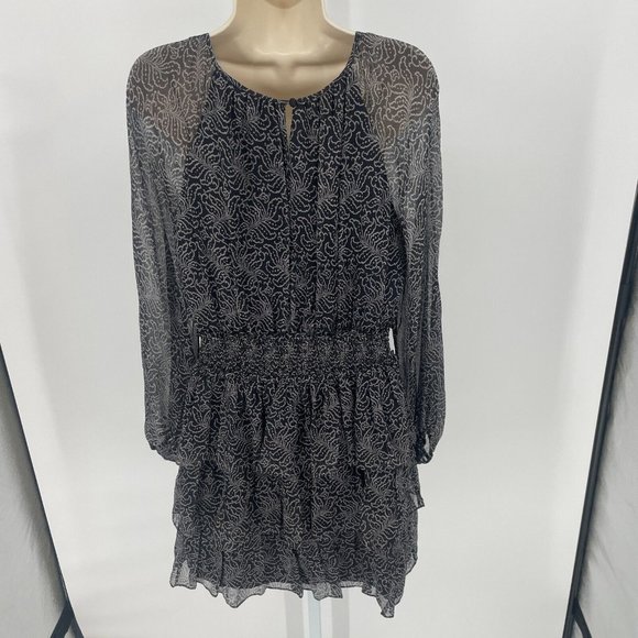 cinq a sept Black Mini Dress Sz 6 Tiered Print Silk Long Sleeve Smocked Babydoll - Picture 4 of 16